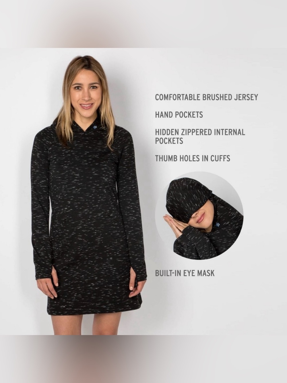 Betabrand Red Eye Travel Dress S Cozy Black Speckled Hoodie Built-In Eye Mask